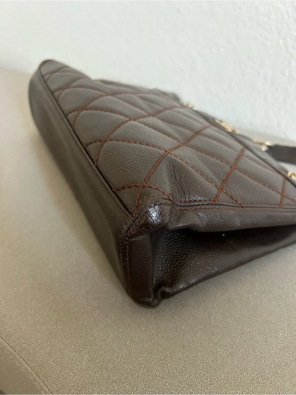 Chanel caviar leather quilted brown small tote handbag